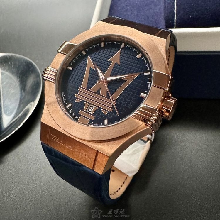 MASERATI手錶,編號R8851108027,42mm玫瑰金錶殼,寶藍錶帶款◉20A004